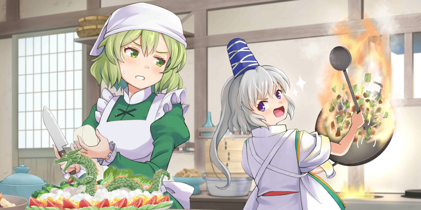 2girls animal-themed_food apron blurry blush bowl commentary cooking cooking_pot depth_of_field dragon dress eastern_dragon english_commentary fire food_request frilled_sleeves frills game_cg green_dress green_eyes green_hair grey_hair haniwa_(leaf_garden) hat headscarf highres holding holding_knife indoors japanese_clothes juliet_sleeves kariginu kitchen knife long_hair long_sleeves mononobe_no_futo multiple_girls official_art open_mouth ponytail puffy_sleeves purple_eyes sleeves_rolled_up smile soga_no_tojiko sweatdrop tate_eboshi third-party_source tomato tomato_slice touhou touhou_lostword white_apron white_headscarf