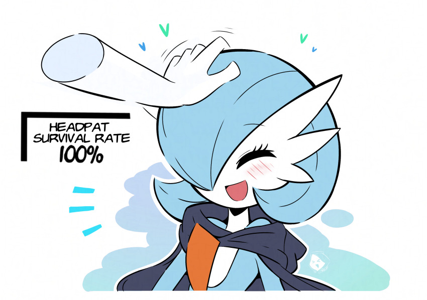 1girl ^_^ alternate_color artist_name black_cloak blue_hair blue_skin blush bob_cut cloak closed_eyes colored_skin cropped_torso disembodied_hand english_text female_focus flat_chest flat_color gardevoir gen_3_pokemon hair_over_one_eye hand_on_another&#039;s_head happy headpat heart highres motion_lines mr._death multicolored_skin nintendo notice_lines one_eye_covered open_mouth outline pokemon pokemon_(creature) shiny_pokemon short_hair smile solo_focus two-tone_skin upper_body watermark white_background white_outline white_skin
