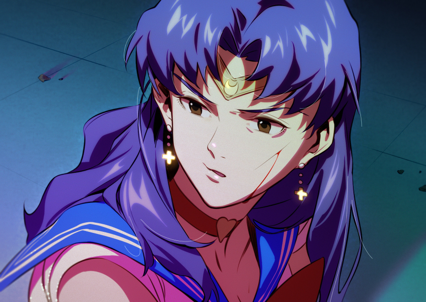 1girl artist_request bishoujo_senshi_sailor_moon blood blue_sailor_collar bow cosplay cut elbow_gloves female_focus gloves highres injury katsuragi_misato long_hair looking_away magical_girl meme mitsuishi_kotono neon_genesis_evangelion parody red_bow sailor_collar sailor_moon sailor_moon_(cosplay) sailor_moon_redraw_challenge_(meme) serious solo tiara twintails voice_actor_connection