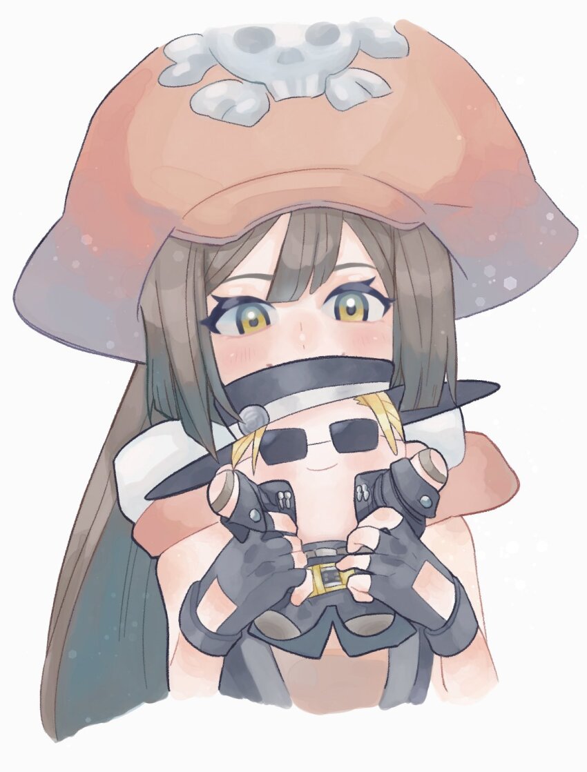 1girl black_gloves brown_hair newsboy_cap fingerless_gloves gloves guilty_gear guilty_gear_xrd hat hat_ornament highres johnny_(guilty_gear) ky4274 long_hair looking_at_viewer may_(guilty_gear) orange_hat pirate_hat skull_and_crossbones skull_hat_ornament upper_body yellow_eyes