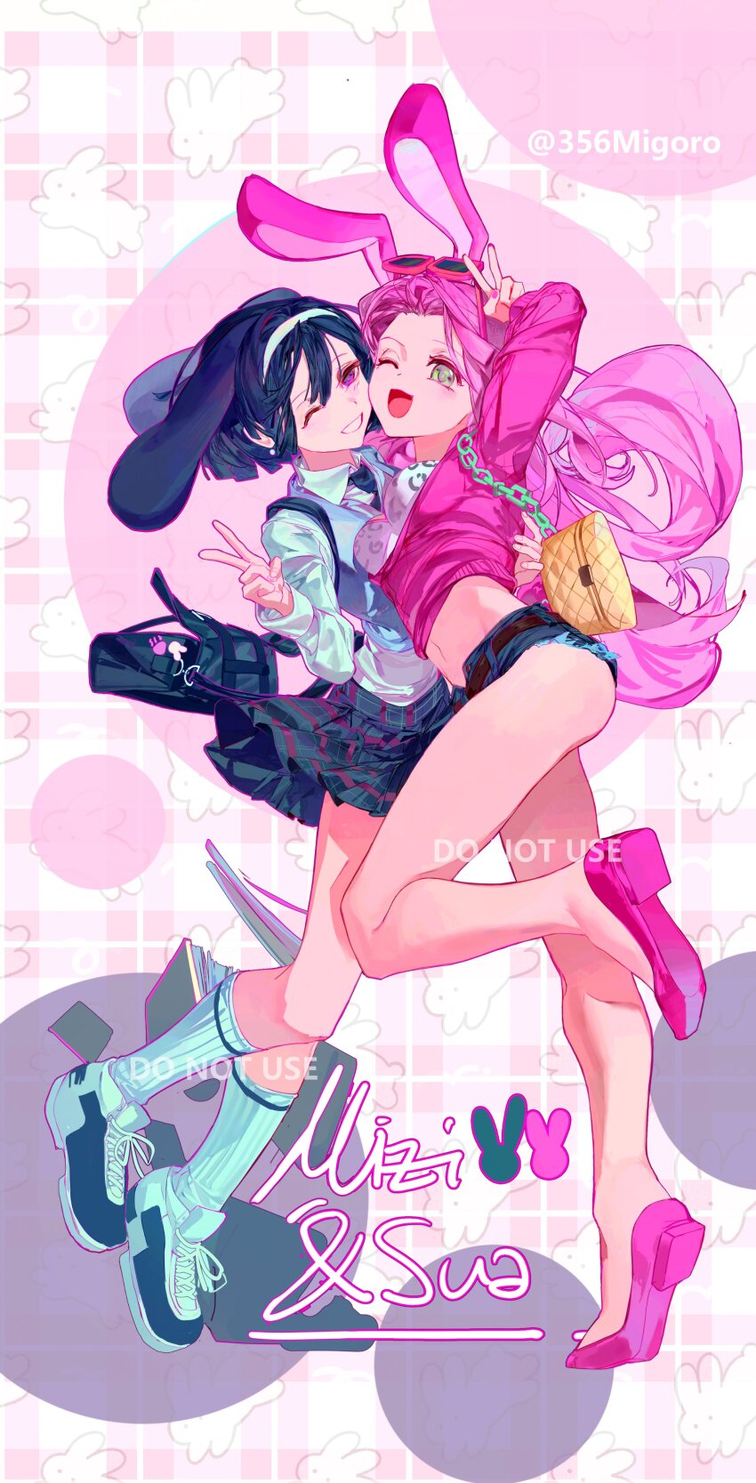 2girls 356migoro absurdres alien_stage animal_ears animal_print arm_around_back bag black_hair black_skirt blue_sweater_vest character_name collared_shirt commentary crop_top denim denim_shorts english_commentary eyewear_on_head foot_up full_body green_eyes highres jacket leopard_print long_hair long_sleeves micro_shorts mizi_(alien_stage) multiple_girls official_alternate_costume one_eye_closed open_mouth pink_hair pink_jacket pink_nails pink_shoes purple_eyes rabbit_ears rabbit_girl shirt shoes short_hair shorts shoulder_bag skirt smile sneakers socks sua_(alien_stage) sunglasses sweater_vest v very_long_hair white_shirt white_shoes white_socks yellow_bag