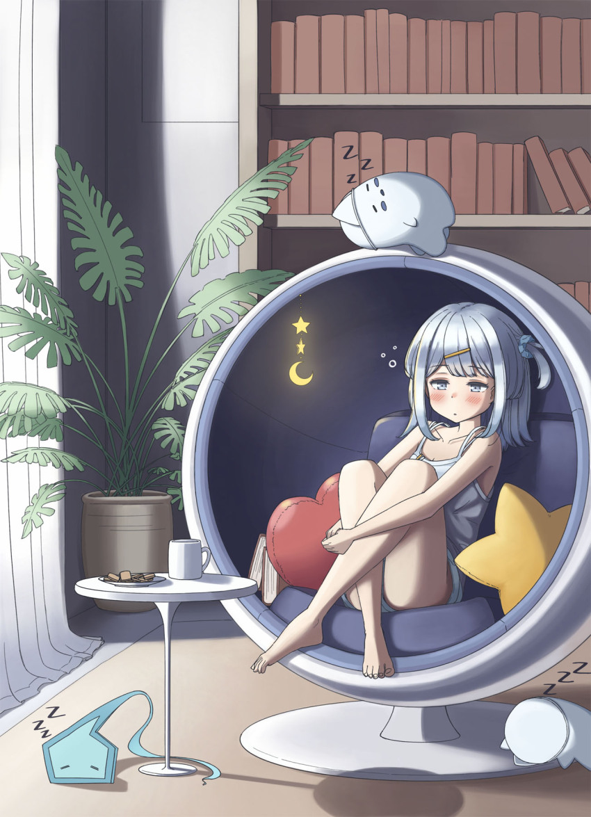 1girl bare_legs barefoot blue_hair blunt_bangs blush book bookshelf chair collarbone commentary cookie couch cup feet food full_body ghost ghost_girl grey_eyes hair_ornament hairclip heart heart-shaped_pillow highres hitodama indoors knees_up legs lying on_back pillow plant potted_plant shinkaiu0 sitting sleepy solo star-shaped_pillow suzutuki_sui table varium virtual_youtuber window zzz