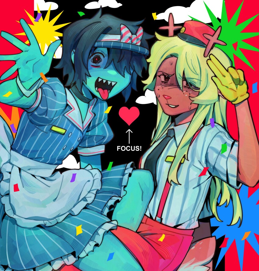 1girl 1other antlers apron black_choker black_eyes black_necktie blonde_hair blue_dress blue_hair blue_skin bow choker collared_shirt colored_skin commentary deer_antlers deer_girl deer_tail deltarune diagonal-striped_bow dress gloves goomyloid hat heart highres horns kris_(deltarune) long_hair mesmerizer_(vocaloid) mini_hat necktie noelle_holiday open_mouth red_hat red_pupils salute sharp_teeth shirt short_hair short_sleeves striped_clothes striped_dress striped_shirt sweat tail teeth tongue tongue_out two-finger_salute vertical-striped_clothes vertical-striped_dress vertical-striped_shirt vocaloid waving white_apron yellow_gloves