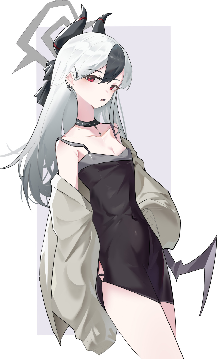 1girl absurdres black_choker black_dress black_horns blue_archive choker collarbone demon_horns demon_wings diamond_necklace dress ear_piercing grey_halo grey_jacket halo highres horns jacket kayoko_(blue_archive) kayoko_(dress)_(blue_archive) long_hair looking_at_viewer mole mole_on_collarbone mole_on_neck multicolored_hair official_alternate_costume piercing red_eyes roro1515 single_wing solo studded_choker two-tone_hair wings