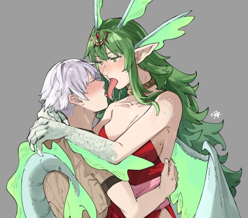 1boy 1girl alternate_hairstyle blush breasts brown_shirt closed_eyes commentary dragon_girl dragon_horns dragon_tail dragon_wings dress english_commentary fire_emblem fire_emblem_awakening french_kiss green_eyes grey_background grey_hair hair_ornament hetero highres horns hug kiss long_hair looking_at_another male_robin_(fire_emblem) medium_breasts mole mole_on_breast monster_girl nintendo pointy_ears red_dress ribbed_shirt sakuremi saliva saliva_trail scales shirt short_hair short_sleeves signature simple_background strapless strapless_dress tail tiki_(adult)_(fire_emblem) tiki_(fire_emblem) tongue tongue_out very_long_hair white_hair wings