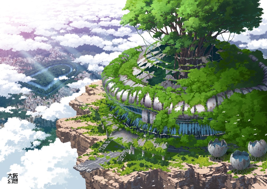 abandoned above_clouds broken_window cityscape cloud commentary_request day dilapidated highres no_humans original outdoors overgrown post-apocalypse ruins scenery signature stairs tokyogenso tree water