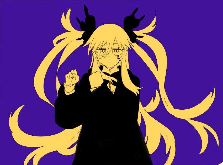 1girl absurdres bags_under_eyes bling-bang-bang-born_(creepy_nuts) bow bowtie butterfly_hair_ornament clenched_hands closed_mouth collared_shirt cowboy_shot cross-shaped_pupils dancing expressionless facial_mark frown hair_ornament hands_up highres hijirime_laeria ikuhana_niiro indie_virtual_youtuber limited_palette long_hair looking_at_viewer mashle parody purple_background robe sanpaku shirt simple_background solo style_parody symbol-shaped_pupils two_side_up very_long_hair virtual_youtuber