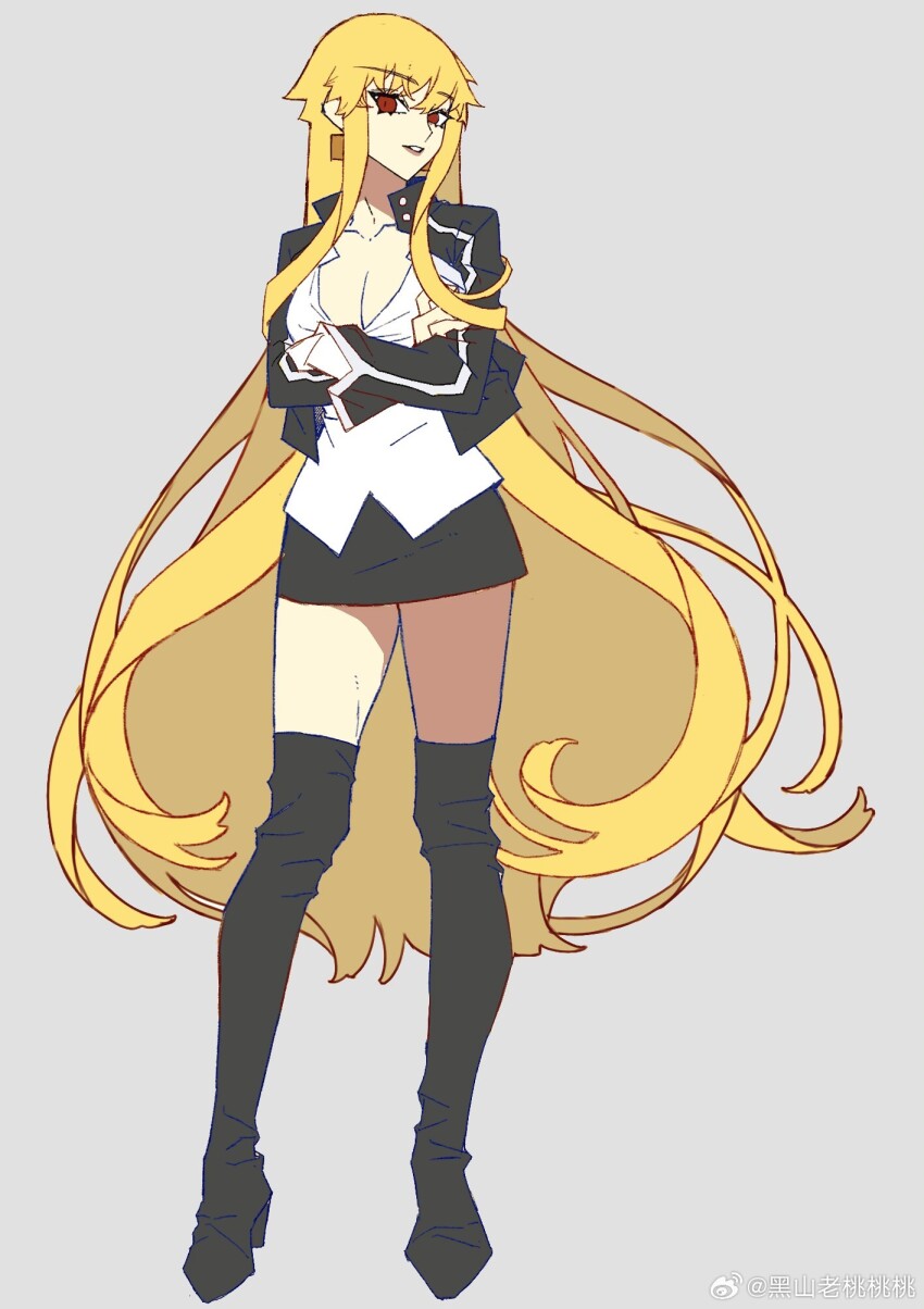 1girl black_boots black_jacket black_skirt blonde_hair boots breasts chinese_commentary closed_mouth collarbone collared_jacket collared_shirt commentary_request crossed_arms earrings eyelashes fate/stay_night fate_(series) full_body genderswap genderswap_(mtf) gilgamesh_(fate) gilgamesh_(immoral_biker_jacket)_(fate) gold_earrings grey_background high_collar high_heel_boots high_heels highres jacket jewelry large_breasts light_smile lipstick long_hair long_sleeves looking_at_viewer makeup microskirt momo_007 open_clothes open_jacket parted_lips pencil_skirt red_eyes shirt sidelocks simple_background skirt solo standing teeth thigh_boots very_long_hair watermark wavy_hair weibo_watermark white_shirt
