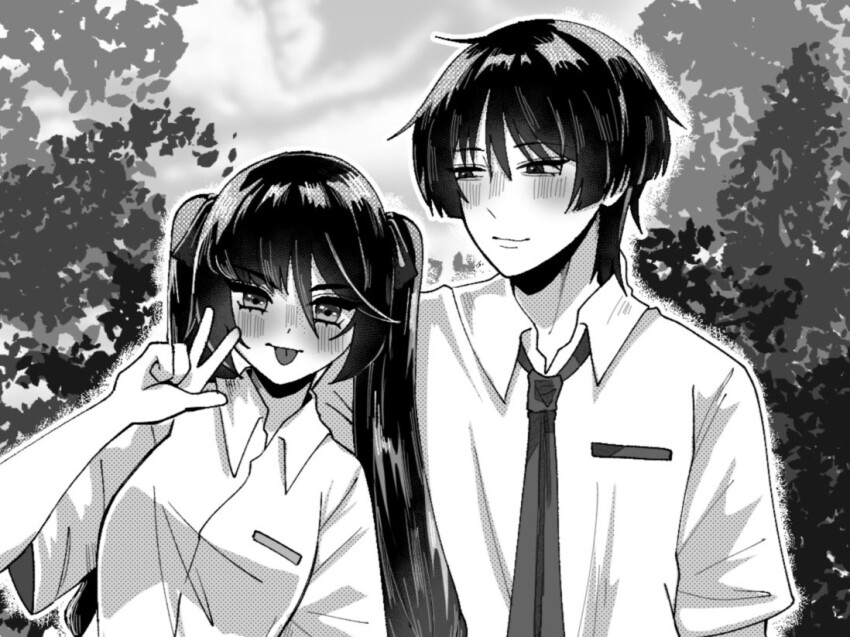 1boy 1girl alternate_costume arm_at_side blunt_bangs blunt_ends blush bow breast_pocket collared_shirt contemporary eyelashes genshin_impact greyscale hair_between_eyes hair_bow hand_up koviiy leaning_to_the_side long_hair looking_at_another looking_at_viewer mona_(genshin_impact) monochrome necktie outdoors pocket scaramouche_(genshin_impact) school_uniform shirt short_sleeves side-by-side sidelocks smile tongue tongue_out twintails v wispy_bangs