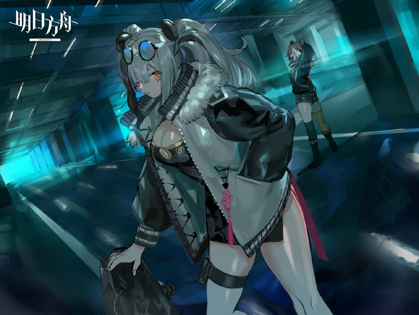 2girls animal_ears arknights arm_up bare_legs bear_ears bear_girl beehunter_(arknights) breasts brown_hair china_dress chinese_clothes closed_eyes dress eyewear_on_head feater_(arknights) female_focus glasses hair_over_one_eye indoors jacket large_breasts leg_belt looking_at_viewer multiple_girls official_art open_mouth orange_hair panda_ears panda_girl ran_(bukeranwu) short_hair shorts silver_hair smile thighhighs twintails