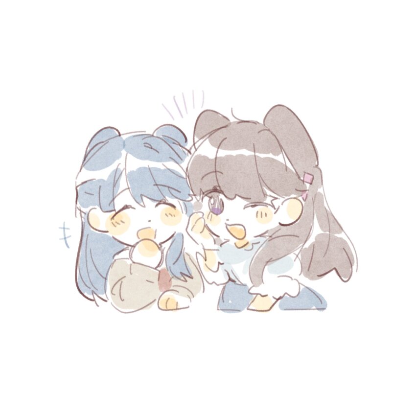 +++ 2girls :d ;d ^_^ animal_ears blue_hair blue_skirt blush brown_cardigan cardigan closed_eyes facing_viewer fujishima_megumi fujishima_megumi_(summer_casual) half_updo hand_on_own_cheek hand_on_own_face hasu_no_sora_school_uniform highres kemonomimi_mode link!_like!_love_live! long_sleeves looking_at_another love_live! multiple_girls murano_sayaka one_eye_closed open_cardigan open_clothes open_mouth puffy_short_sleeves puffy_sleeves purple_eyes sailor_collar school_uniform shirt short_sleeves simple_background skirt smile two_side_up virtual_youtuber white_background white_sailor_collar white_shirt winter_uniform woodonly