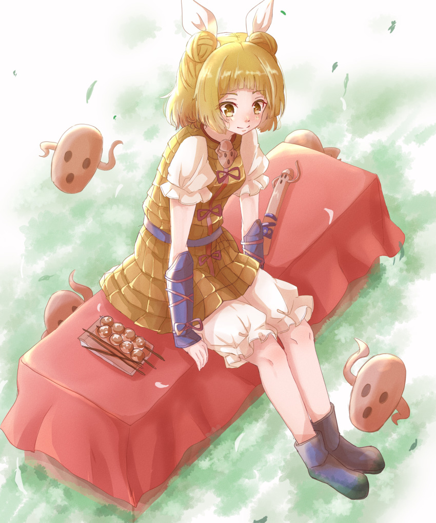 absurdres blonde_hair bloomers breasts double_bun food full_body grass gumi_(fwjn7284) hair_bun highres joutouguu_mayumi leaning_forward medium_hair outdoors puffy_short_sleeves puffy_sleeves shirt short_sleeves sitting skewer small_breasts takoyaki touhou underwear white_bloomers white_shirt