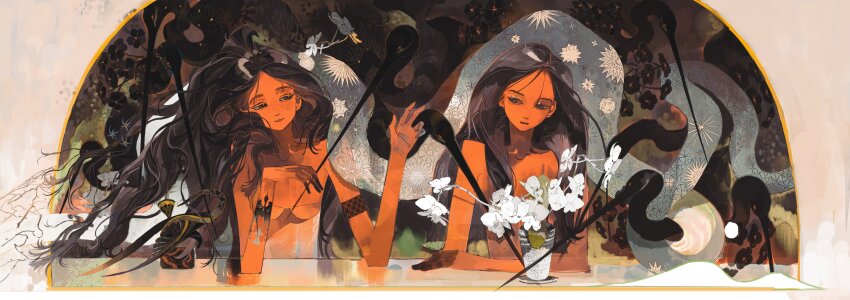 2girls absurdres animal bare_shoulders bird black_hair border closed_mouth crane_(animal) flower highres long_hair multiple_girls original qianfeng sitting smile snake strapless table upper_body vase very_long_hair