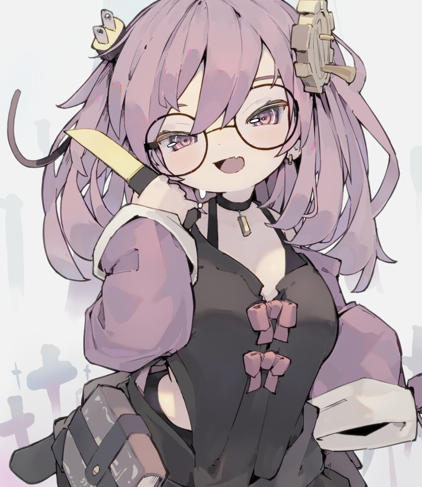 1girl absurdres black_choker black_shirt bow choker commentary_request cowboy_shot dated_commentary fang gear_hair_ornament glasses hair_between_eyes hand_up highres jacket nep_(nep_76) open_mouth original purple_eyes purple_hair purple_jacket red_bow round_eyewear shirt skin_fang sleeves_past_fingers sleeves_past_wrists smile solo sweat