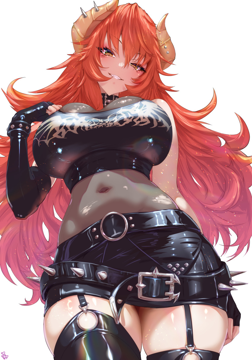 1girl absurdres belt black_belt black_choker black_gloves black_shirt black_skirt black_thighhighs blush choker covered_navel dragon_girl dragon_horns elbow_gloves fingerless_gloves from_below gloves highres horns leotard long_hair looking_at_viewer looking_down momoyama_tits navel parted_lips red_hair shirt skirt smile solo spiked_belt spiked_choker spikes thighhighs torn_clothes torn_leotard very_long_hair virtual_youtuber vshojo white_background yellow_eyes zentreya zentreya_(dragon) zentreya_(dragon)_(metalheads)