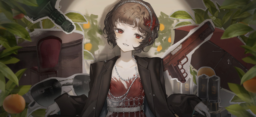 1girl absurdres black_coat black_hair bottle chair coat dress feather_dress feather_hair_ornament feathers food fruit grin gun hair_ornament hairband handgun head_tilt highres jewelry leaf looking_at_viewer memo_(user_uksy3487) necklace nixie_tube open_clothes open_coat orange_(fruit) parted_lips pearl_necklace pop_art red_dress red_eyes red_feathers red_umbrella reverse:1999 schneider_(reverse:1999) shadow short_hair smile solo spotlight straight-on sunglasses umbrella unworn_eyewear upper_body weapon white_hairband