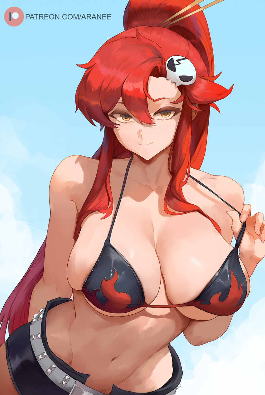 1girl araneesama arm_behind_back artist_name bare_shoulders belt bikini bikini_top_only bra breasts collarbone female_focus hair_ornament high_ponytail highres large_breasts looking_at_viewer patreon_username ponytail red_hair skull_hair_ornament tengen_toppa_gurren_lagann underwear upper_body yellow_eyes yoko_littner