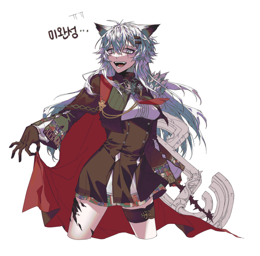 1girl absurdres aiguillette animal_ears arknights bolo_tie brown_gloves brown_skirt cape cape_hold cropped_legs gloves grey_eyes hair_ornament hairclip high-waist_skirt highres holding kimiseung08 korean_text lappland_(arknights) lappland_the_decadenza_(arknights) long_hair long_sleeves looking_at_viewer material_growth multicolored_hair open_mouth oripathy_lesion_(arknights) pink_hair red_cape scar scar_across_eye scar_on_face simple_background skirt solo standing streaked_hair translation_request white_background white_hair wolf_ears wolf_girl