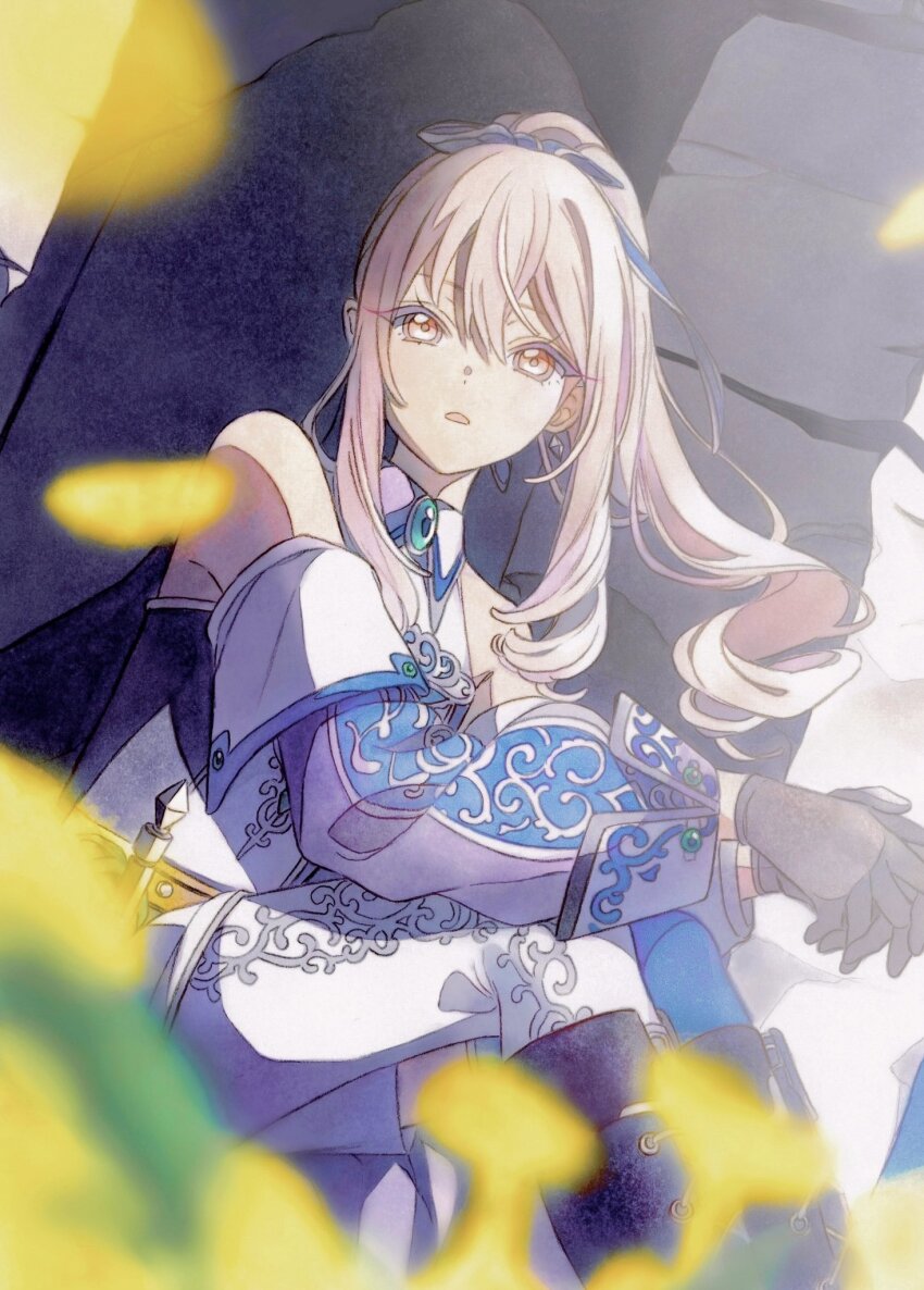 1other against_wall akiyama_mizuki bare_shoulders black_gloves blue_bow blue_footwear boots bow commentary_request detached_sleeves earrings gloves hair_bow high_ponytail highres jewelry kaitou_shinshi_no_harahara!?_white_day_(project_sekai) long_sleeves looking_at_viewer open_mouth pato_(ptro) pink_eyes pink_hair ponytail project_sekai puffy_long_sleeves puffy_sleeves shirt sidelocks sitting white_shirt