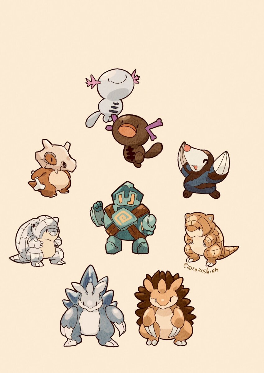 alolan_form alolan_sandshrew alolan_sandslash animal_focus artist_name bone claws closed_eyes closed_mouth commentary_request cubone drilbur gen_1_pokemon gen_2_pokemon gen_5_pokemon gen_7_pokemon golem golett highres holding holding_bone mask nintendo no_humans open_mouth paldean_wooper pokemon pokemon_(creature) sandshrew sandslash simple_background skull_mask smile snout solid_oval_eyes tail twitter_username white_background wooper yellow_eyes zozozoshion
