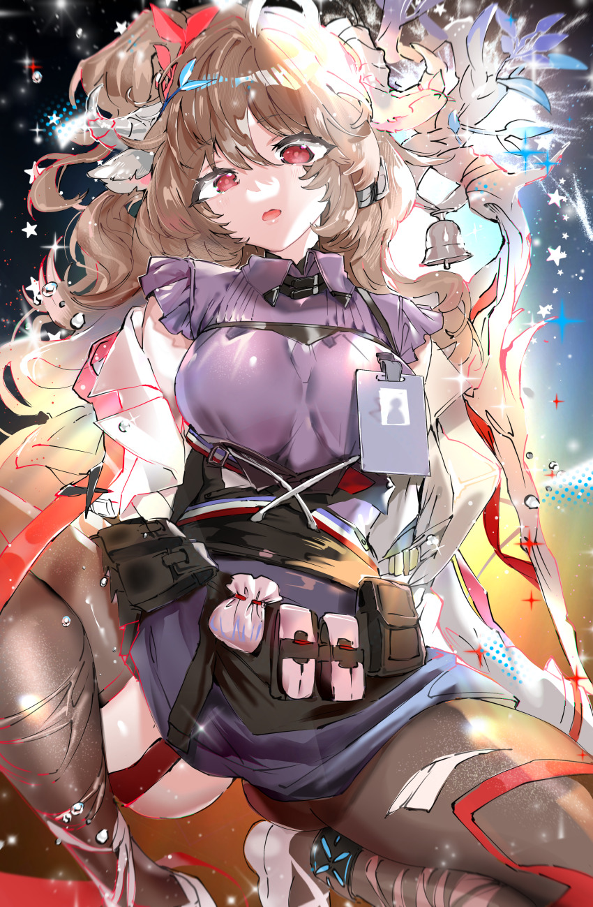 1girl absurdres ahoge animal_ears arknights black_thighhighs brown_hair dress eyjafjalla_(arknights) hair_between_eyes highres horns id_card infection_monitor_(arknights) jacket long_hair looking_at_viewer open_clothes open_jacket open_mouth red_eyes sheep_ears sheep_girl sheep_horns solo staff tekona0 thighhighs torn_clothes torn_thighhighs