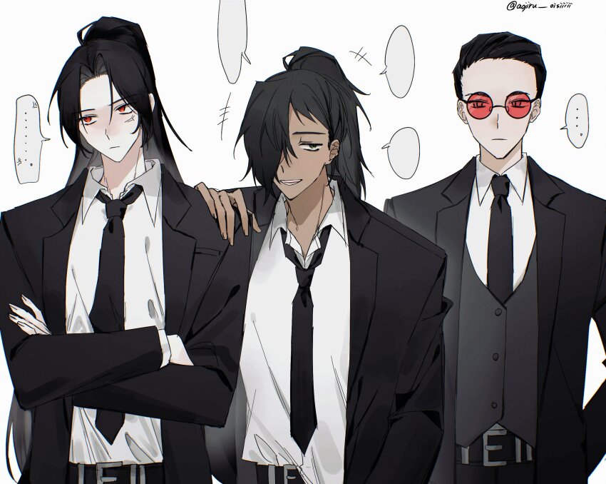 3boys aojiru_oisiiiii arm_behind_back aseah_(project_moon) black_coat black_necktie closed_mouth coat collared_shirt crossed_arms formal_clothes gubo_(project_moon) hair_over_one_eye hair_slicked_back highres jia_huan_(project_moon) lapels limbus_company long_sleeves looking_at_viewer looking_to_the_side multiple_boys necktie notched_lapels parted_bangs project_moon red-tinted_eyewear red_eyes shirt speech_bubble suit sunglasses tinted_eyewear upper_body white_shirt