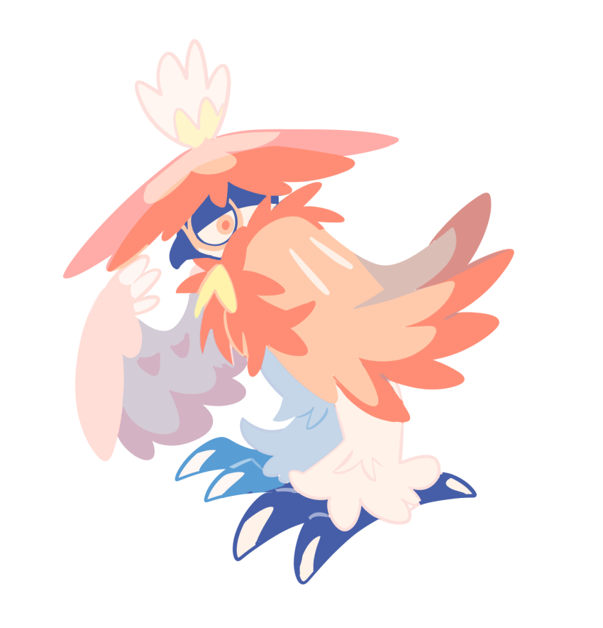 bird commentary_request from_side full_body gogeyama hand_up highres hisuian_decidueye looking_at_viewer nintendo no_humans orange_pupils pokemon pokemon_(creature) pokemon_focus sideways_glance simple_background solo standing talons white_background yellow_eyes