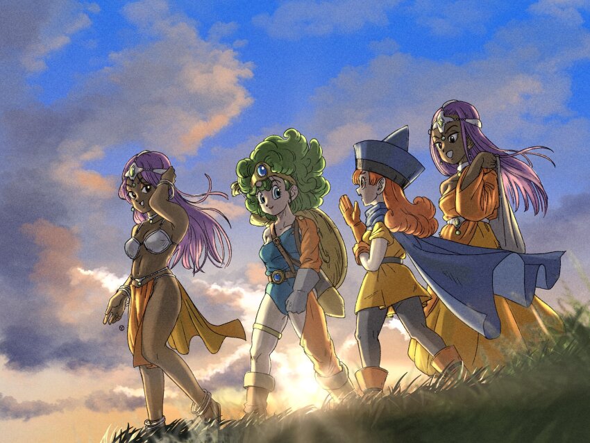 4girls :d alena_(dq4) anklet aqua_leotard belly_chain belt black_eyes black_leggings blue_cape blue_eyes blue_gemstone blue_hat blue_sky blunt_bangs boots bracelet breasts brown_boots cape choker circlet cleavage cloud commentary_request curly_hair dark-skinned_female dark_skin dawn dragon_quest dragon_quest_iv dress earrings floating_clothes floating_hair forehead_jewel forehead_protector full_body gem gloves gold_circlet gold_thighlet gradient_sky grass green_gemstone green_hair grey_gloves hat heroine_(dq4) highres jewelry leggings leotard long_hair looking_at_another looking_back manya_(dq4) medium_hair metal_bikini minea_(dq4) multiple_anklets multiple_girls navel open_mouth orange_boots orange_dress orange_eyes orange_gloves orange_hair orange_sky orange_sleeves outdoors parted_hair pelvic_curtain profile purple_hair sandals shield shield_on_back siblings single-shoulder_dress single_sleeve sisters sky smile sphere_earrings strapless strapless_leotard sword sword_on_back thighlet toriyama_akira_(style) tunic walking weapon weapon_on_back yellow_tunic yuto_sakurai