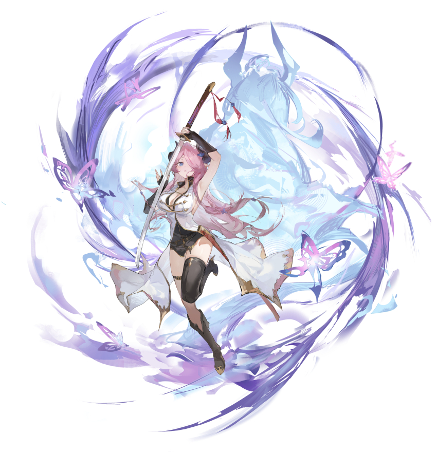 1boy 1girl absurdres analogous_colors arm_up armpits asymmetrical_footwear aura belt black_belt black_boots black_gloves black_horns black_shirt blue_eyes boots braid breasts bug butterfly chinese_commentary cleavage coat commentary_request cool_colored curled_horns dark_aura draph eahta_(granblue_fantasy) elbow_gloves expressionless fingerless_gloves full_body gloves granblue_fantasy hair_over_one_eye hand_on_weapon hand_up high_heel_boots high_heels highres holding holding_sword holding_weapon horns insect katana large_breasts leg_up legs_folded long_coat long_hair looking_at_viewer nail_polish narmaya_(granblue_fantasy) official_style one_eye_covered parted_lips pink_hair pink_nails pointy_ears popped_collar scabbard sheath shirt side_braid single_thigh_boot sleeveless sleeveless_coat sleeveless_shirt solo_focus sword thigh_boots thigh_strap uneven_footwear unsheathed weapon white_background white_coat zombie_ke