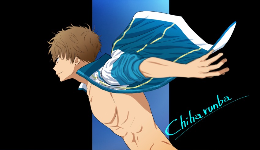 1boy artist_name brown_hair chiha_runba high_speed! kirishima_natsuya looking_to_the_side male_focus red_eyes short_hair