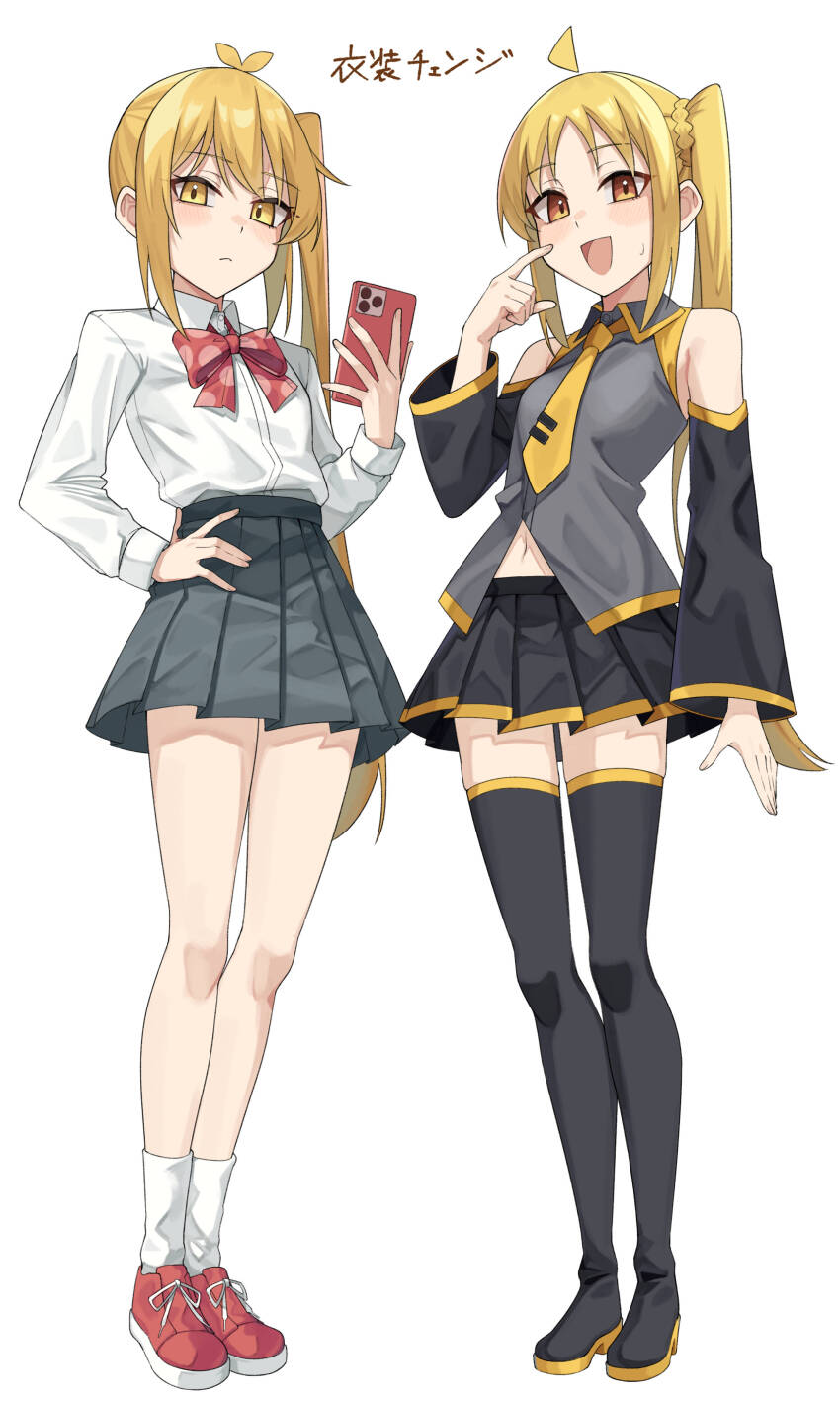 2girls absurdres ahoge akita_neru akita_neru_(cosplay) ankle_socks antenna_hair arm_at_side bare_shoulders black_boots black_skirt black_sleeves black_thighhighs blonde_hair blush bocchi_the_rock! boots bow bowtie cellphone clothing_cutout commentary_request cosplay costume_switch detached_sleeves expressionless full_body gukr4322 hand_on_own_hip hands_up highres holding holding_phone ijichi_nijika ijichi_nijika_(cosplay) index_finger_raised long_hair long_sleeves miniskirt multiple_girls navel navel_cutout necktie open_mouth phone pleated_skirt print_bow print_bowtie red_bow red_bowtie red_shoes shirt shoes side_ponytail simple_background skirt smartphone socks sweatdrop thigh_boots thighhighs translation_request vocaloid white_background white_shirt yellow_eyes yellow_necktie