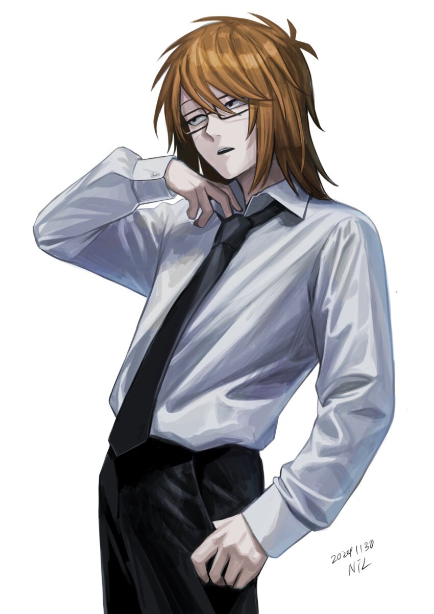 1boy black_hair black_necktie black_pants bored collared_shirt cowboy_shot dated expressionless glasses hand_in_pocket hand_up head_tilt highres leaning_back long_sleeves male_focus medium_hair necktie nil_(pixiv_53614557) orange_hair pants parted_lips randal&#039;s_friends randal_ivory shirt sidelighting sideways_glance signature simple_background standing teeth thumb_in_pocket upper_teeth_only white_background white_shirt