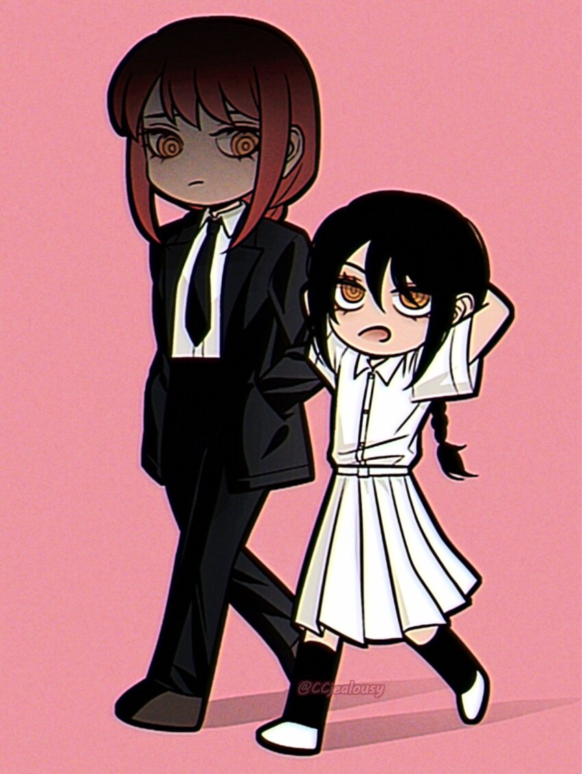 2girls :/ arms_behind_head black_hair black_jacket black_necktie black_suit braid braided_ponytail chainsaw_man chromatic_aberration commentary czy_(2894456992) eyebrows_hidden_by_hair film_grain formal_clothes hair_over_one_eye hands_in_pockets highres jacket makima_(chainsaw_man) medium_skirt multiple_girls nayuta_(chainsaw_man) necktie open_mouth orange_eyes pleated_skirt red_hair reincarnation shirt single_braid skirt suit twitter_username walking white_shirt white_skirt