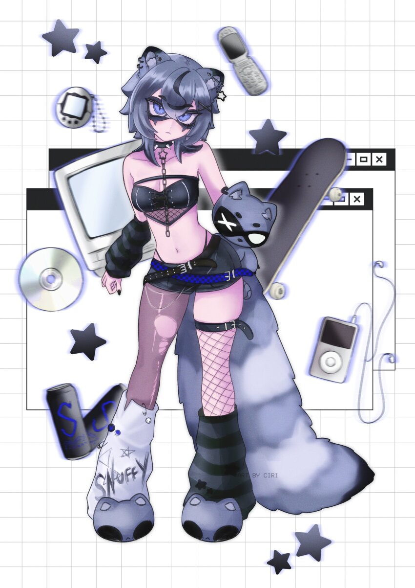 1girl absurdres ahoge alternate_costume animal_ears belt black_hair blue_eyes breasts cd ciirilla_(sullendaisy) digital_media_player full_body highres ipod leg_warmers medium_breasts navel shorts skateboard snuffy_(vtuber) tagme virtual_youtuber