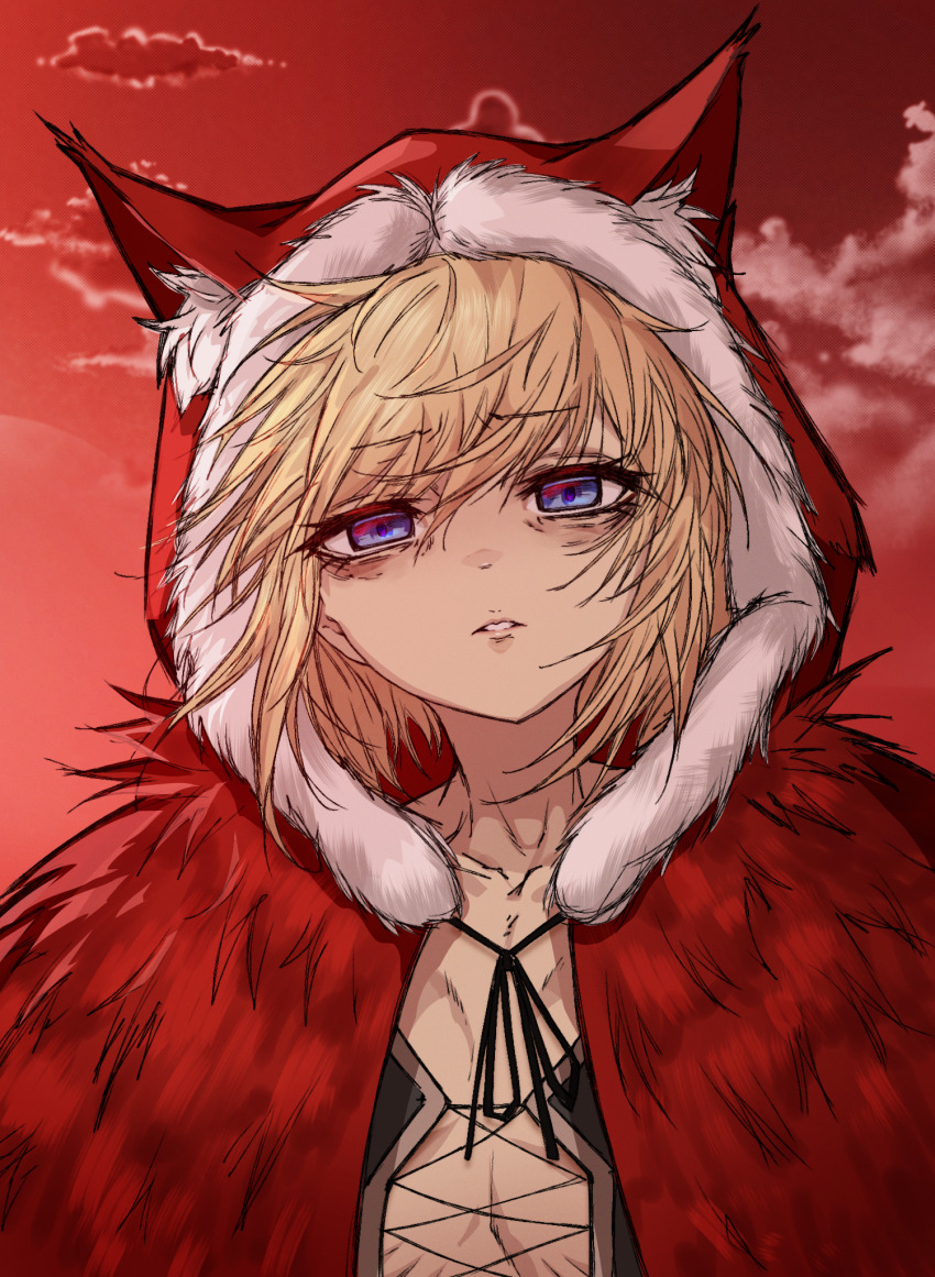 1girl animal_ears animal_hood black_corset black_souls blonde_hair blue_eyes cloud commentary corset debuffs_only english_commentary half-closed_eyes highres hood looking_at_viewer medium_hair messy_hair parted_lips red_hood red_hood_(black_souls) red_sky sky solo wolf_ears