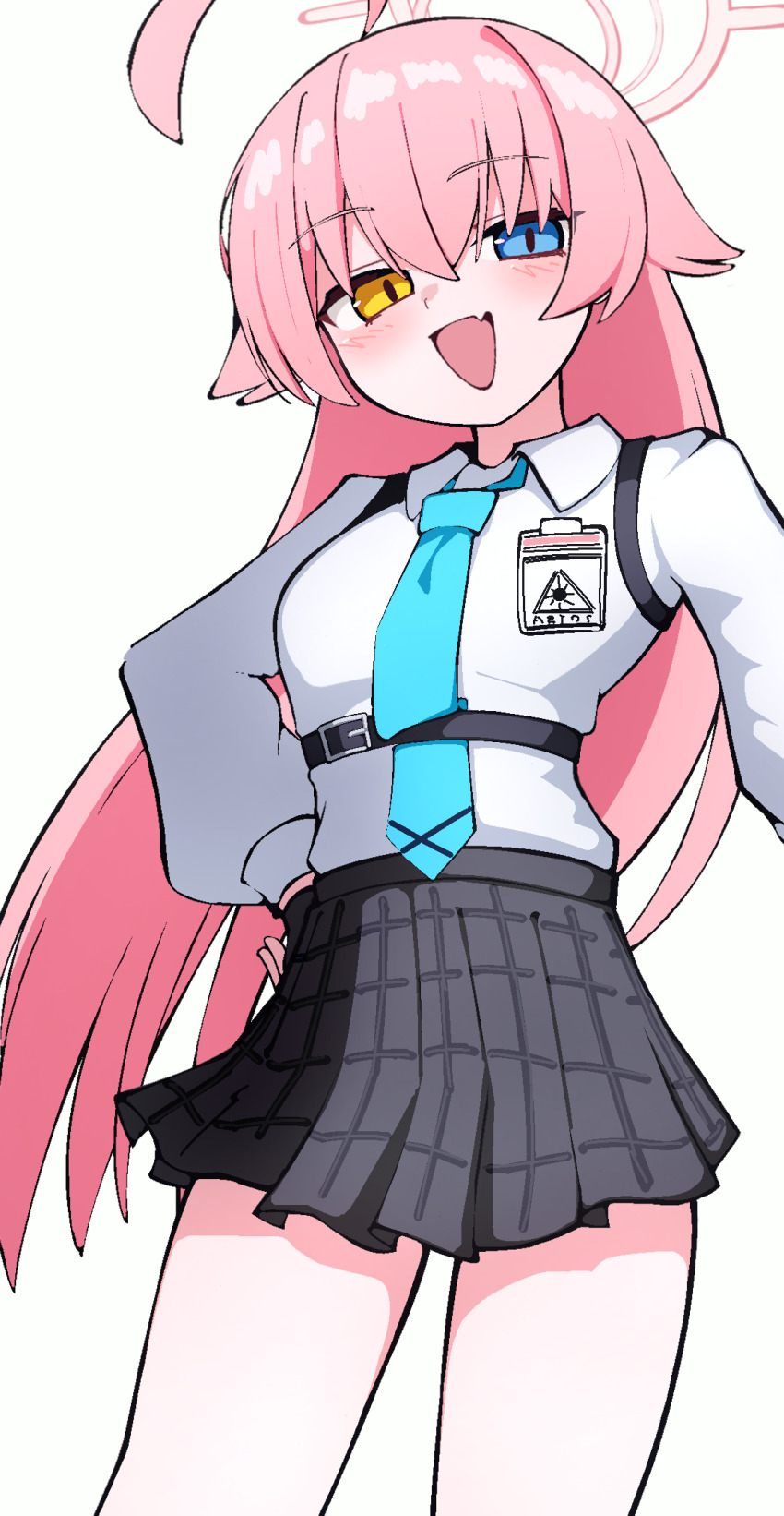 1girl :d ahoge blue_archive blue_eyes blue_necktie halo heterochromia highres hoshino_(blue_archive) long_hair necktie open_mouth pink_hair simple_background smile solo white_background white_halo yellow_eyes yuntaro_(ramen_star)