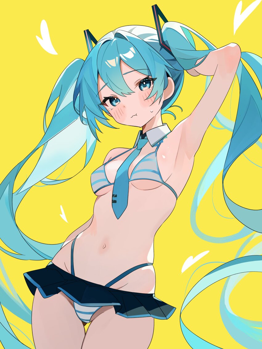 1girl absurdres aqua_eyes aqua_hair arm_up armpits bikini black_skirt blush breasts breasts_apart closed_mouth coco_irasuto contrapposto cowboy_shot detached_collar eyes_visible_through_hair hair_between_eyes hatsune_miku heart highleg highleg_bikini highres long_hair looking_at_viewer microskirt navel necktie pleated_skirt pout simple_background skirt small_breasts solo string_bikini striped_bikini striped_clothes sweatdrop swimsuit twintails very_long_hair vocaloid wing_collar yellow_background