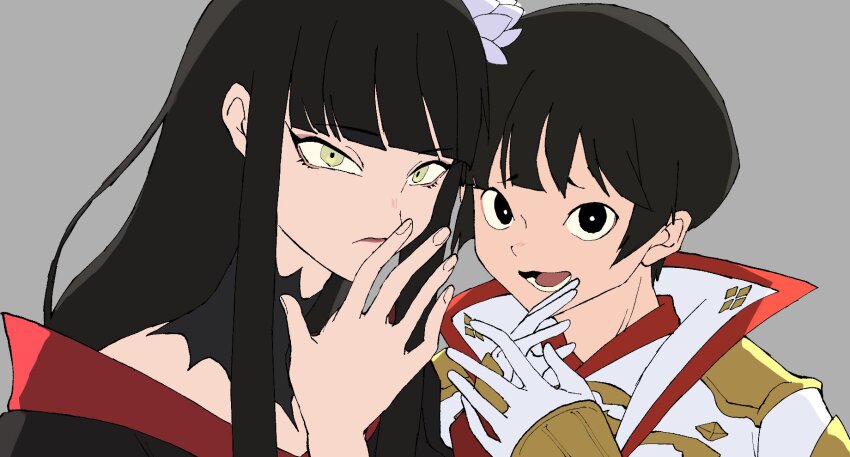 1boy 1girl asahi_sas_brutus black_collar black_eyes black_hair blunt_bangs bowl_cut bright_pupils brother_and_sister collar epiphyllum final_fantasy final_fantasy_xiv flat_color flower glaa_da gloves green_eyes grey_background hair_flower hair_ornament hand_on_own_face hand_up hands_up highres hyur long_hair looking_at_viewer open_mouth portrait red_trim short_hair siblings side-by-side simple_background white_gloves white_pupils yotsuyu_goe_brutus