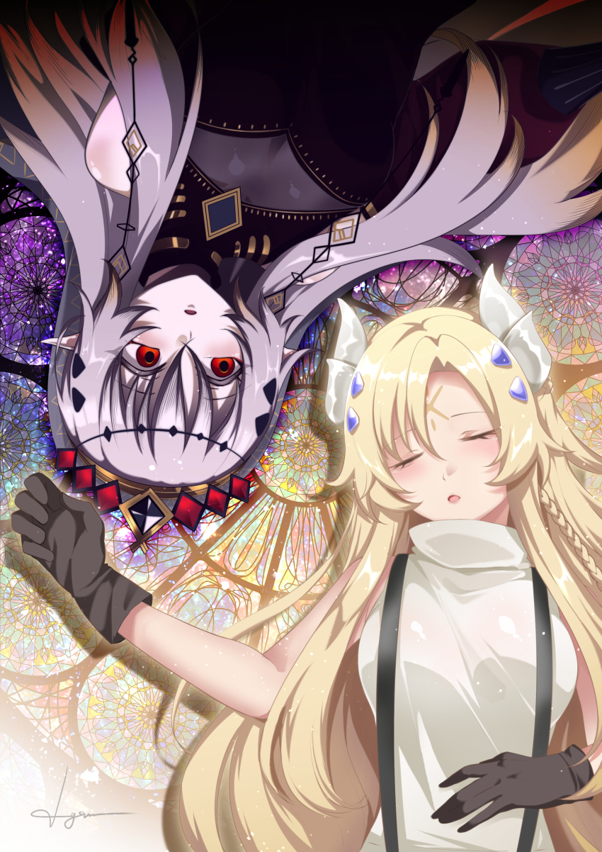 2girls absurdres blazing_cartesia_the_virtuous blonde_hair braid breasts cleavage_cutout clothing_cutout dress dual_persona duel_monster ecclesia_(yu-gi-oh!) facial_mark fake_horns forehead_mark gloves grey_hair hair_between_eyes hair_ornament highres horns incredible_ecclesia_the_virtuous long_hair lying lyrin_(haireirei) medium_breasts multiple_girls on_back open_mouth pointy_ears red_dress red_eyes stigmata suspenders tiara veil yu-gi-oh!