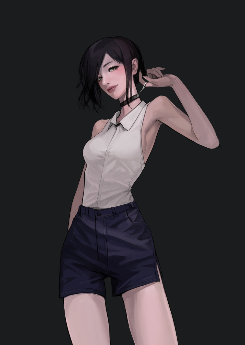 062_arts 1girl absurdres bare_shoulders black_hair black_shorts blush breasts chainsaw_man choker green_eyes highres looking_at_viewer medium_breasts reze_(chainsaw_man) shirt short_hair shorts sideboob sleeveless sleeveless_shirt solo thighs white_shirt