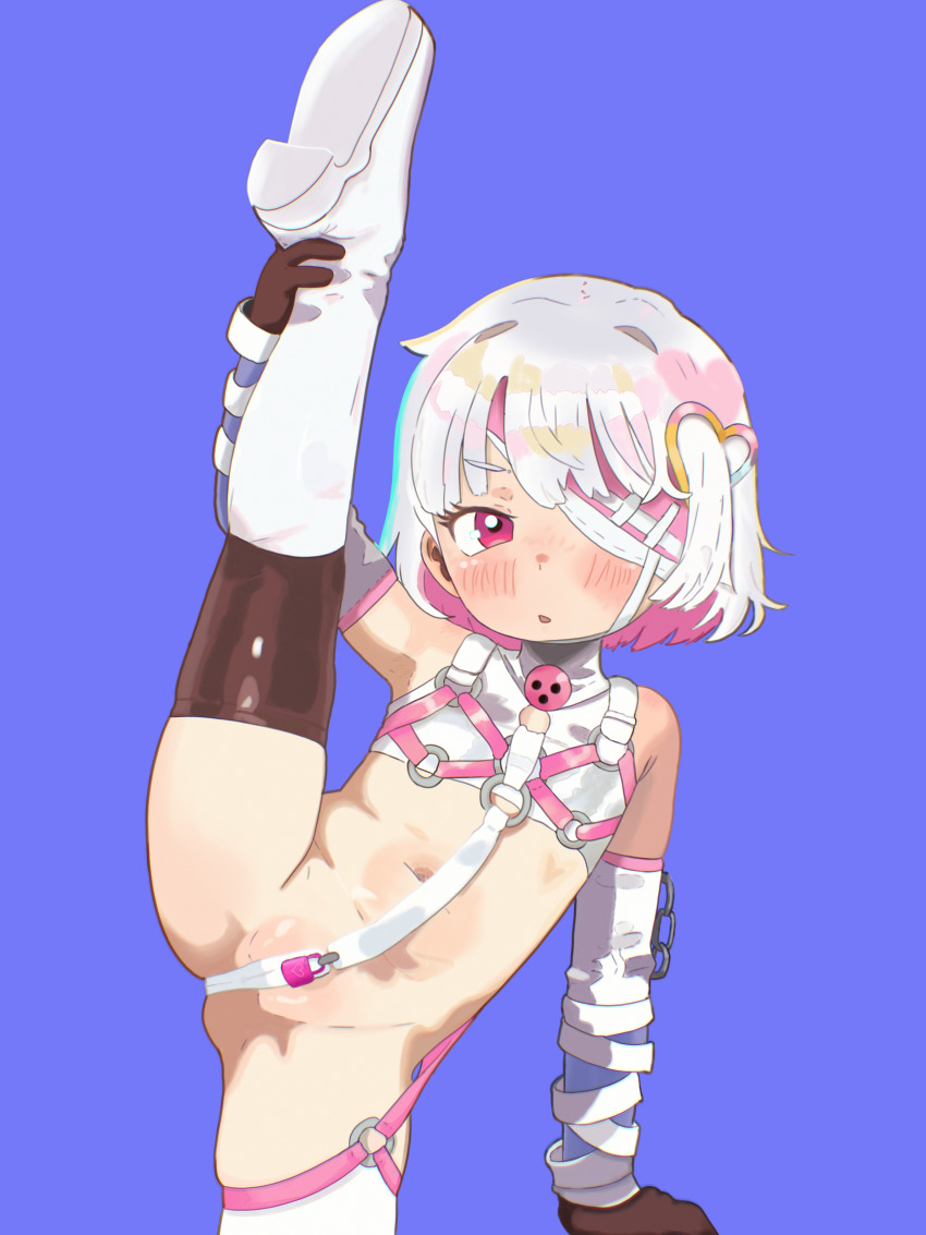 1girl absurdres bare_shoulders black_gloves blue_background blush boots brown_gloves colored_inner_hair detached_sleeves dohna_dohna_issho_ni_warui_koto_o_shiyou elbow_gloves eyepatch flat_chest gloves hair_ornament harness heart heart_hair_ornament highres leg_up lock loli looking_at_viewer multicolored_hair navel o-ring padlock parted_lips pink_eyes pink_hair porno_(dohna_dohna) revealing_clothes short_hair simple_background solo split spread_legs standing standing_on_one_leg standing_split suwuart thigh_boots thighhighs two-tone_hair white_hair white_thighhighs