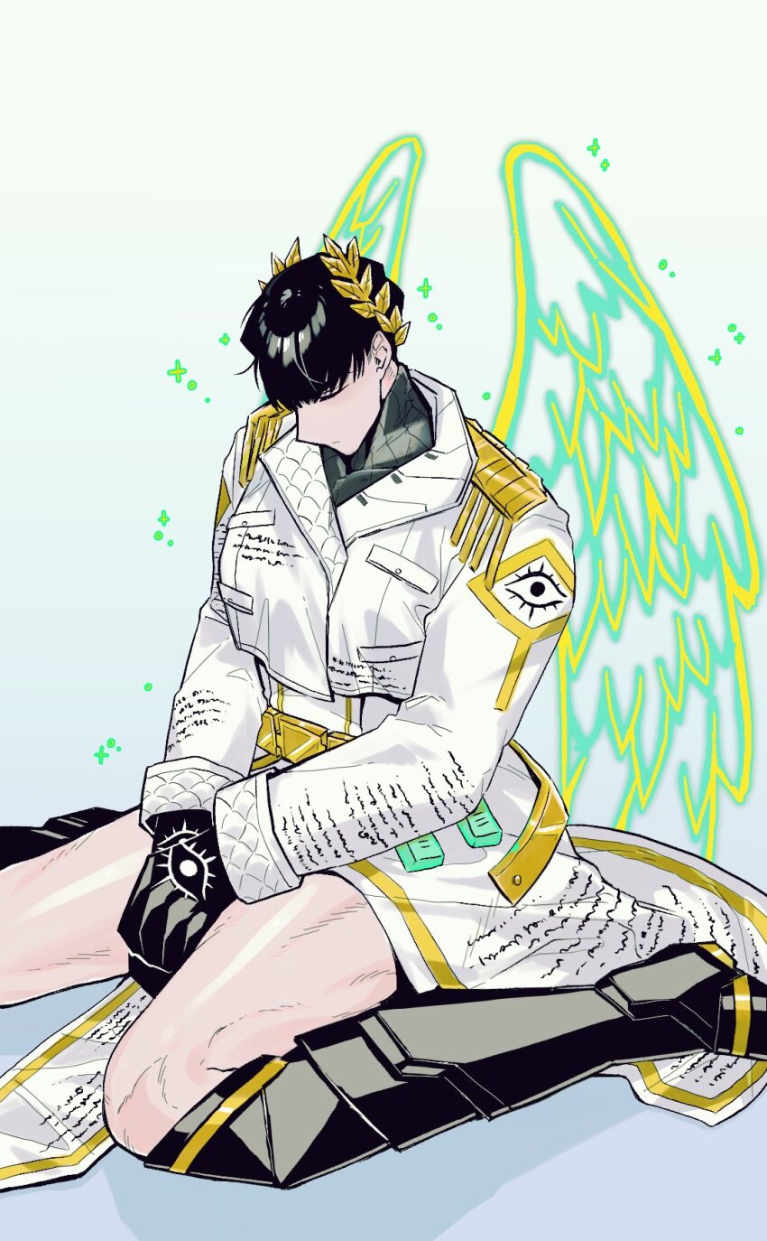1boy angel_wings black_footwear black_gloves black_hair coat e.g.o_(project_moon) gloves highres laurel_crown limbus_company meursault_(project_moon) nyak_138 project_moon pursuance_(e.g.o) short_hair solo sweater turtleneck turtleneck_sweater white_coat wings