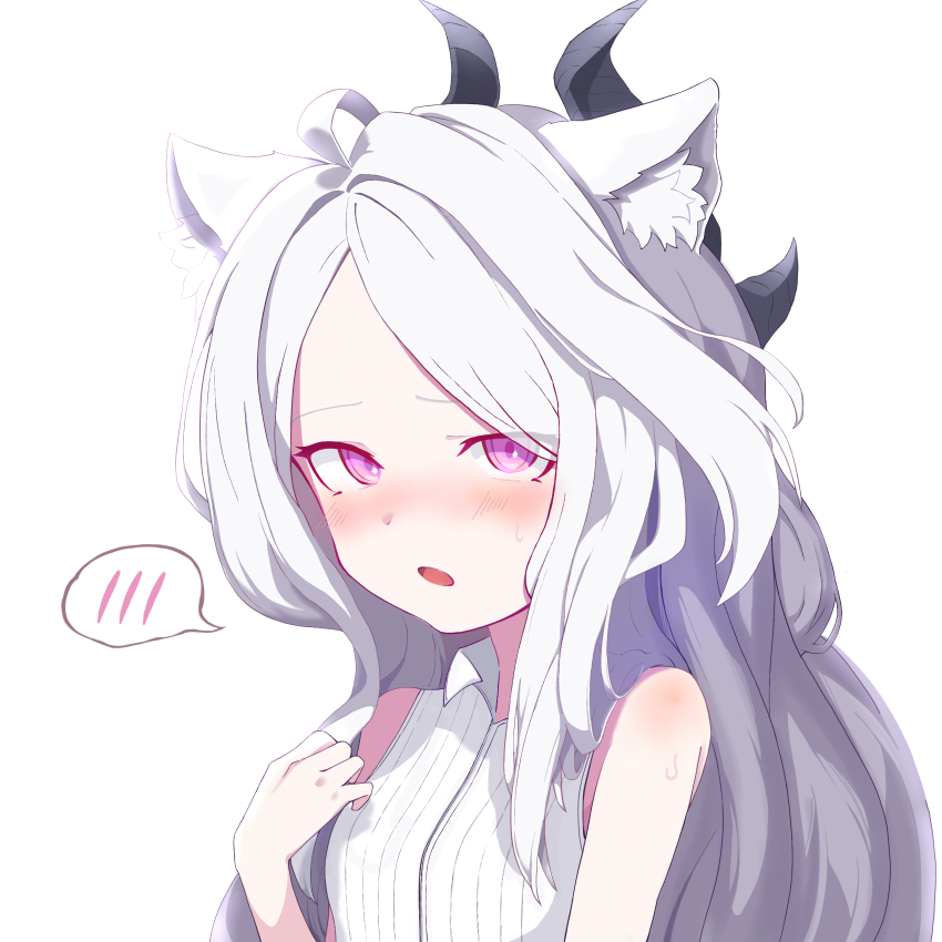 1girl absurdres ahoge animal_ears blue_archive breasts cat_ears demon_girl demon_horns highres hina_(blue_archive) horns long_hair looking_at_viewer nekozuki open_mouth purple_eyes shirt simple_background small_breasts solo upper_body white_background white_hair white_shirt