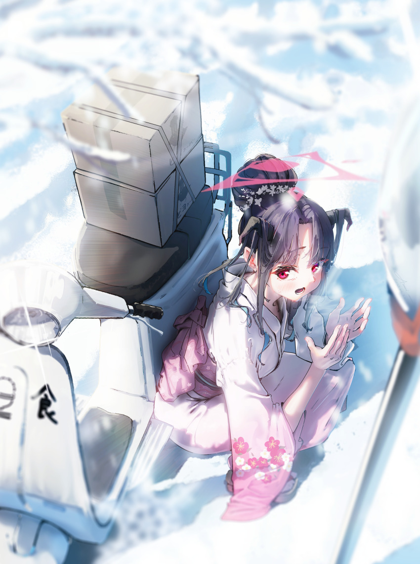 1girl absurdres amamami_prime blue_archive blush demon_girl demon_horns floral_print floral_print_kimono flower forehead from_above from_side fuuka_(blue_archive) fuuka_(new_year)_(blue_archive) hair_bun hair_flower hair_ornament highres horns japanese_clothes kimono long_hair looking_at_viewer motor_vehicle motorcycle obi official_alternate_costume official_alternate_hairstyle open_hands open_mouth pink_sash print_kimono purple_hair red_eyes sash sidelocks squatting steam_from_mouth warming_hands white_flower white_kimono