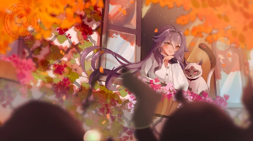 1girl animal cat closed_mouth commission flower hair_between_eyes head_rest highres honkai_(series) honkai_impact_3rd long_hair long_sleeves looking_outside mofumanju open_window plant purple_hair shirt sirin sirin_(magic_academy_uniform) sirin_(miracle_magical_girl) smile stan_(honkai_impact) very_long_hair watermark white_shirt window yellow_eyes