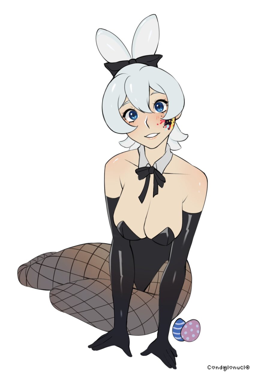 1girl alternate_costume animal_ears blue_eyes breasts chumu_(teuthidan) cleavage commission commissioner_upload condylonucla elbow_gloves fishnet_pantyhose fishnets gloves grey_hair highres leotard looking_at_viewer medium_breasts original paint_splatter paint_splatter_on_face pantyhose playboy_bunny rabbit_ears signature sitting tentacle_hair