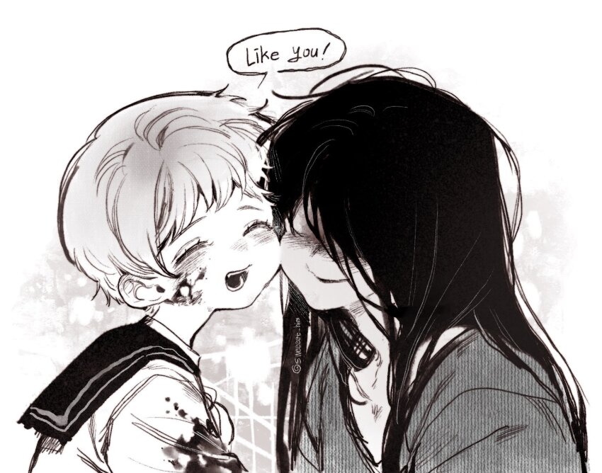1boy 1girl blood blood_on_clothes blood_on_face closed_eyes commentary_request english_text greyscale heroine_(homicipher) hetero highres homicipher japanese_clothes kimono korean_commentary long_hair monochrome mr._crawling school_uniform serafuku short_hair sweeeet_him upper_body white_background