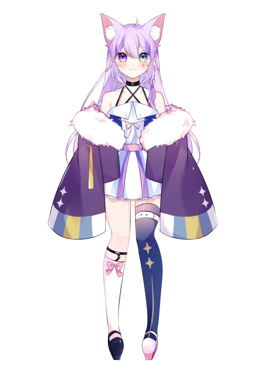 1girl absurdres ahoge animal_ear_fluff animal_ears armpit_crease arms_at_sides asymmetrical_footwear asymmetrical_legwear bare_shoulders black_choker black_shoes blue_eyes blue_thighhighs blush bow bow_legwear braid choker closed_mouth collarbone commentary_request criss-cross_straps double-parted_bangs dress eyes_visible_through_hair full_body fur-trimmed_jacket fur_trim hair_between_eyes hair_tie heterochromia highres indie_virtual_youtuber jacket legwear_garter long_hair looking_at_viewer mismatched_footwear mismatched_legwear off_shoulder open_clothes open_jacket pink_bow pink_ribbon platform_shoes pleated_dress purple_eyes purple_hair purple_jacket raised_eyebrows ribbon shoes short_dress side_braid simple_background single_braid single_legwear_garter single_sock single_thighhigh sleeveless sleeveless_dress sleeves_past_fingers sleeves_past_wrists smile socks solo sparkle sparkle_print standing straight-on teardrop_facial_mark thighhighs uneven_legwear very_long_hair virtual_youtuber wangying_(itswasuutsu) wangying_(vtuber) white_background white_dress white_shoes white_socks wide_sleeves wolf_ears wolf_girl