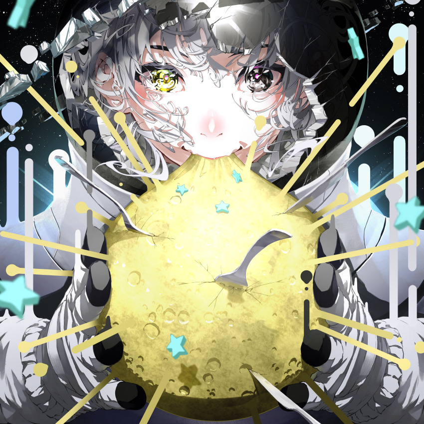 1girl absurdres broken_glass brown_eyes commentary_request crack cracked_glass eating fork glass gloves grey_hair heterochromia highres holding_moon looking_at_viewer moon nico-tine original pink_pupils solo space spacesuit star_(symbol) star_symbol_background white_gloves yellow_eyes