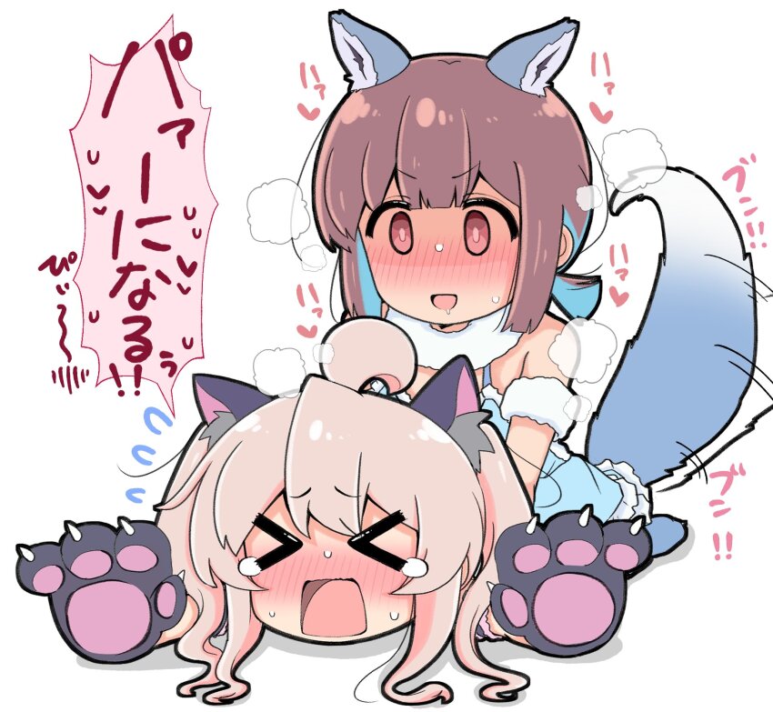 &gt;_&lt; 2girls :d ahoge animal_ear_fluff animal_ears animal_hands blue_hair blunt_bangs blunt_ends blush brown_eyes brown_hair claws commentary d: drooling dx flying_sweatdrops gloves heart highres hiro_(05112423) hozuki_momiji long_hair multicolored_hair multiple_girls nose_blush official_alternate_costume onii-chan_wa_oshimai! open_mouth oyama_mahiro paw_gloves pink_hair pinned ponytail puff_of_air short_hair short_ponytail simple_background smile spoken_heart spoken_sweatdrop sweat sweatdrop tail tail_wagging tearing_up translated twintails two-tone_hair white_background yuri